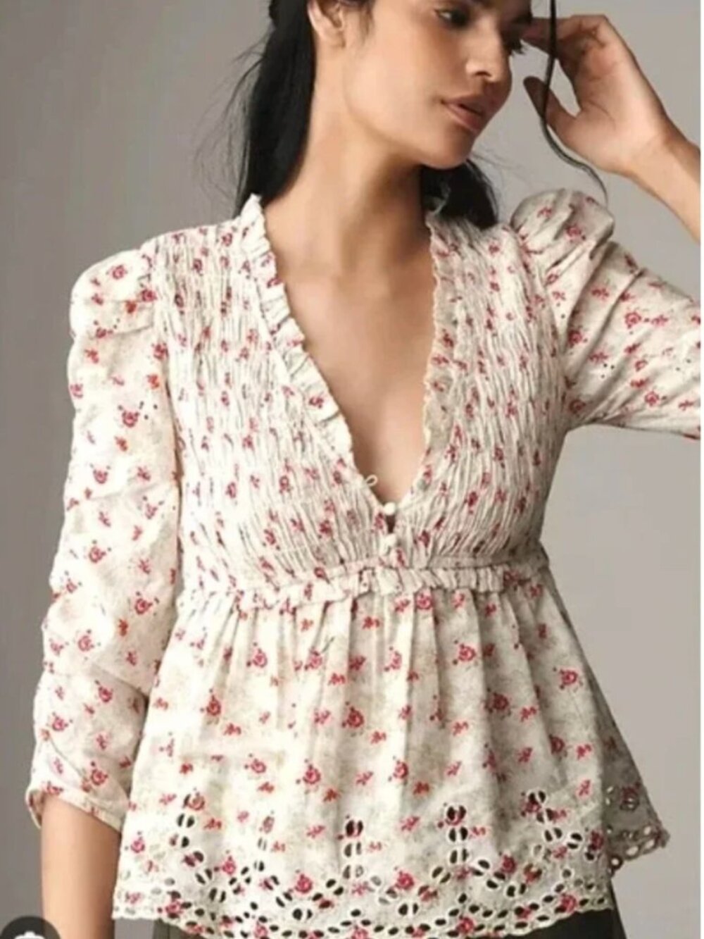 NWT Anthropologie Maeve Floral Smocked Eyelet Peplum Blouse Size M